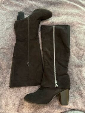 Black Fold Over Slouch Cuff Heeled Boots Almond Toe Mid Calf Grunch Y2K sz 10 M